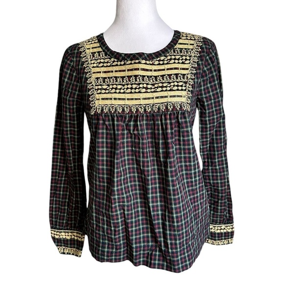 J Crew Embroidered in Gold Holiday Plaid Peasant Blouse Top Size XS - Picture 14 of 17